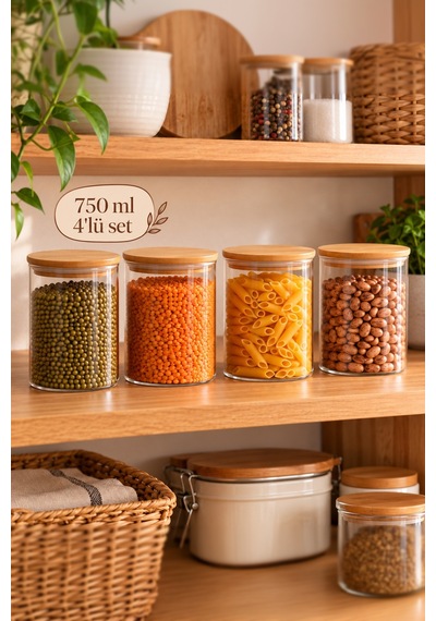 Porsima 1-4 Bambu Borosilikat Vakumlu Kapaklı Yuvarlak Cam 4lü Kavanoz Seti Saklama Kabı 750ml 10x12cm