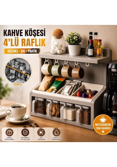 4 Lü Kahve Köşesi Düzenleyici Raf Kupa Askılı Çok Bölmeli Mutfak Tezgah Üstü Organizer, Kahve Kapsülü, Çay, Baharat Ve Kahverengi