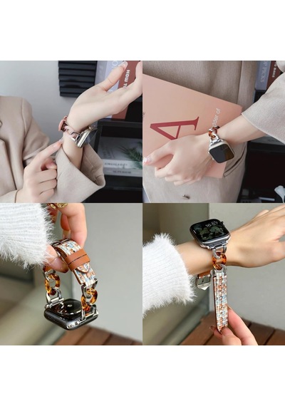 Apple Watch 38/40/41/42 Mm Uyumlu Deri Bileklik Kayışı, Renkli Örgülü Desen, Metal Zincir Tasarım Diğer