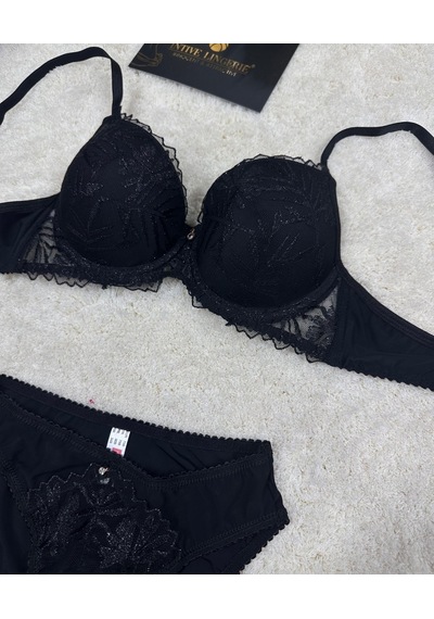 Le Jardin Parlak Simli İpli Brodeli Push-up Sütyen Külot Takım-50 Siyah