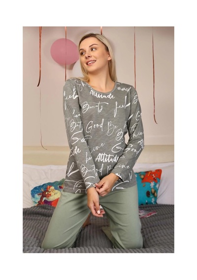 İkikareshop Kadın Uzun Kol Penye Pijama Takım Füme Çok Renkli