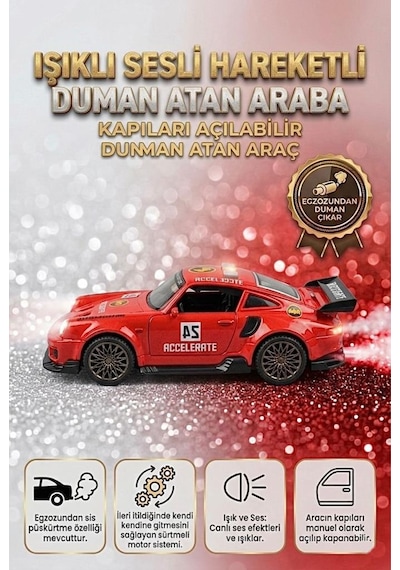 3 Buton Fonksiyonlu Işıklı Müzikli Sesli Sürtmeli Duman Atan Kapıları Açılan Porsche Oyuncak Araba Kırmızı