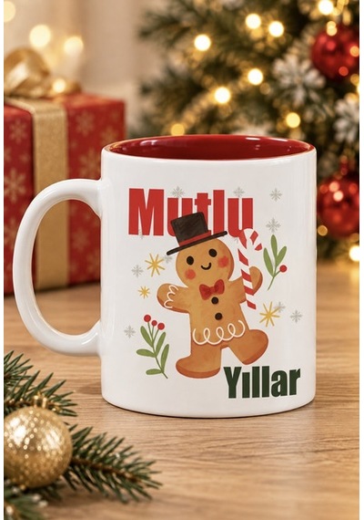 Mesela Yılbaşı Kupası Mutlu Yıllar Desenli Kırmızı İçli Hediyelik Kahve Kupa Bardak Beyaz