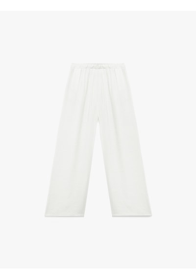 Koton Beli Bağlamalı Viskon Karışımlı Geniş Paça Pantolon Beyaz 6skg40061aw