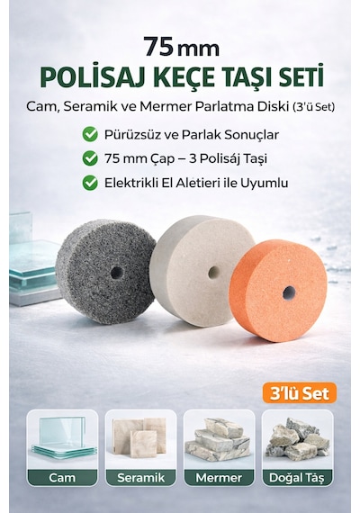 Senbang 75 Mm Polisaj Keçe Taşı Seti Cam, Seramik Ve Mermer Parlatma Diski 3 Lü Set