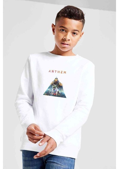 Tshirthane Anthem Logo Baskılı Unisex Çocuk Beyaz Sweatshirt Beyaz