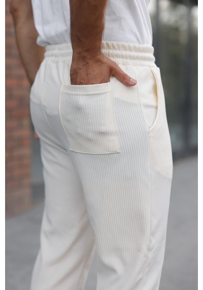 Veraura Lifestyle Erkek Fitilli Beli Lastikli Rahat Pantolon Açık Krem