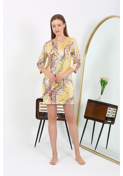 Modi Moda Çizgi Kadın Micro Kumaş Mini Parlak Elbise 7421 Sarı