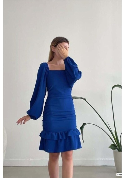 DefyModa Kadın Günlük Kare Yaka Büzgülü Uzun Kollu Abiye Elbise Saks