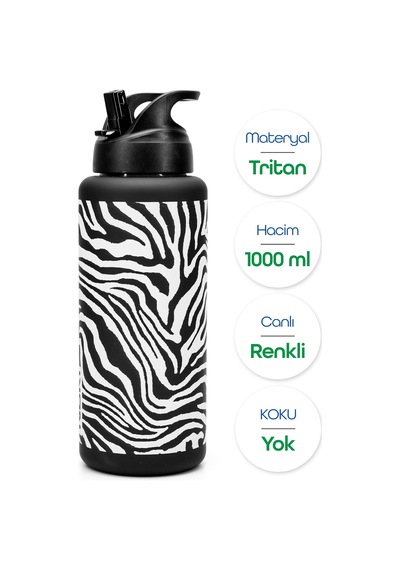 Büyük Su Matarası Tritan Pipetli Su Şişesi Zebra Spor Matarası Suluğu Bpasız 1000 Ml Siyah 0112 Beyaz