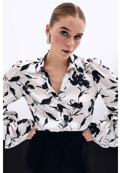 Sateen Kol Detaylı Gömlek - Ekru-135826 Ekru