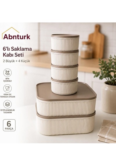 6'li Kapaklı Çizgili Saklama Kabı Seti-sızdırmaz Vakumlu Erzak Ve Gıda Saklama Kabı Krem Çok Renkli