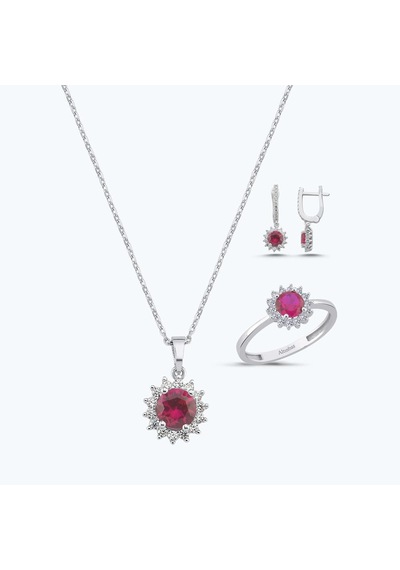 Altınbaş Kırmızı Taşlı Altın Üçlü Yuvarlak Set Autk0036-b-24627-k-set