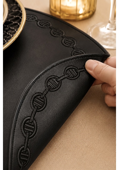Nakışlı Deri Amerikan Servis 2'li Set Çift Taraflı Yuvarlak Supla 38x38 Cm Raya Siyah