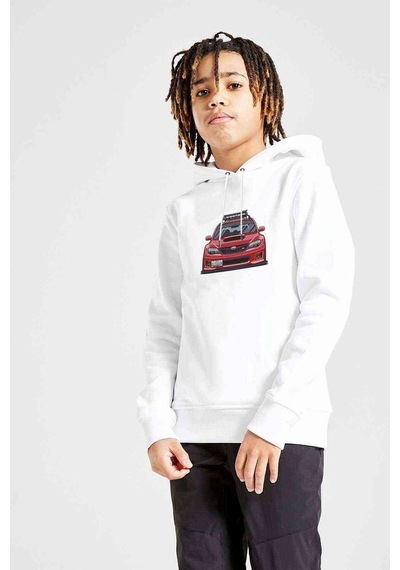 Tshirthane Subaru Red Line Baskılı Unisex Çocuk Kapüşonlu Beyaz Sweatshirt Beyaz
