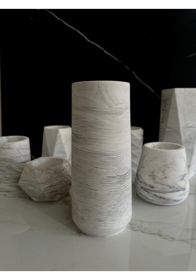 Beton Vazo Dekoratif Saksı El Yapımı Şık Aksesuar Beyaz-siyah Desenli