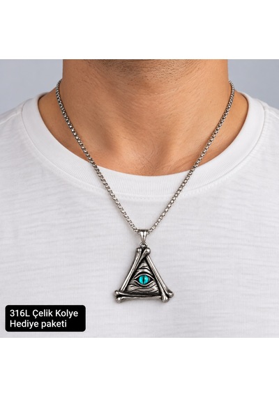 316l Çelik Erkek Kolye Üçgen Göz Figürlü Kemik Desenli Özel Tasarım Kolye 4,5 Cm Altın - Gümüş