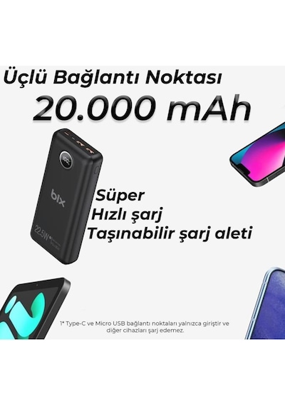 Bix Pb201 Üç Portlu 20000mah 22.5w Hızlı Şarj 4.0 Pd Giriş/çıkışlı Led Göstergeli Powerbank Siyah Siyah