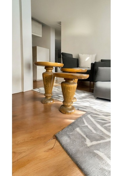 Simillo Wood Wooden Ahşap 3 Lü Set Mantar Yan Sehpa Modern Koyu Ceviz Renkli Fiskos Zigon Sehpa Koyu Ceviz