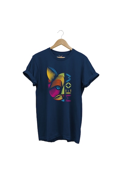 Meow Renkli Geometrik Kedi Baskılı %100 Pamuk Unisex Regular Fit T-shirt Lacivert