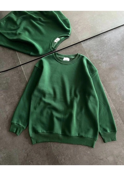 Freedom Storee Kadın Kışlık Bisiklet Yaka Üç İplik Basic Sweatshirt - Haki Çok Renkli