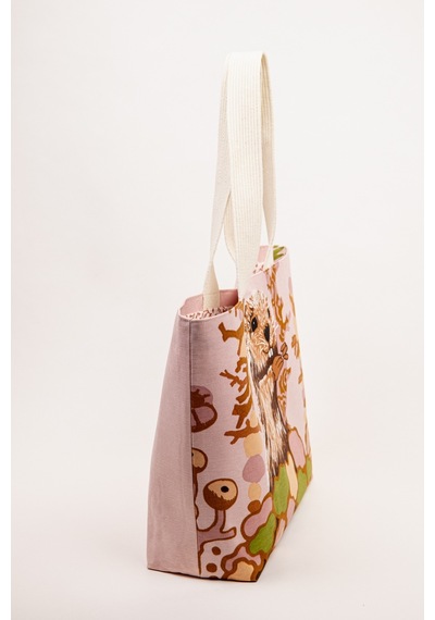 Fabric Craft Bag Omuz Çanta Desenli Keten Pembe - Yeşil