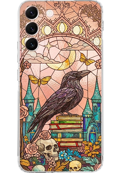 Printify Samsung Galaxy S22 Plus İle Uyumlu Vitray Bilge Kuzgun Tasarımlı Şeffaf Silikon Kılıf Şeffaf