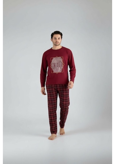 Lukitus Uzun Kol Sıfır Yaka Pamuklu Erkek Pijama Takımı Bordo Vlknekose Bordo