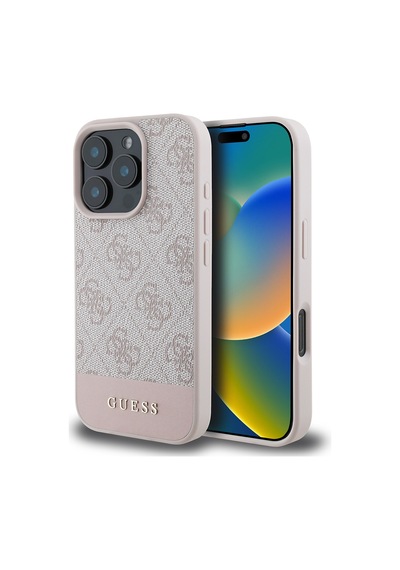 Apple Uyumlu iPhone 16 Pro Kılıf Guess Lisanslı Pu Deri Şerit Logo Dizaynlı Kapak Pembe