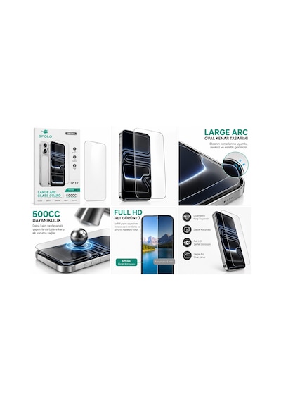Spolo İphone 17 Ekran Koruyucu Large Arc 500cc Full Hd Oval Kenarlı Darbe Ve Çizilme Koruyucu Cam