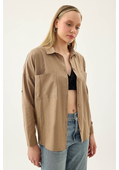 Vitrin Basic Oversize Önden Cepli Gömlek VİZON