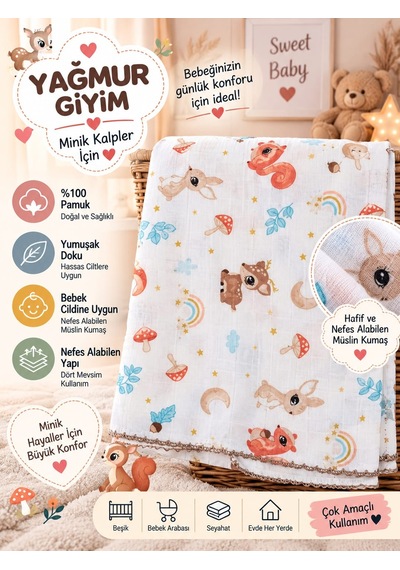 Berço Desenli Müslin %100 Pamuk Bebek Battaniyesi 80 90 Ölçülerinde 0-12 Ay 875/1 Bej