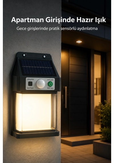 Güneş Enerjili Sensörlü Solar Aplik Dış Mekan Kapı Bahçe Teras Duvar Aydınlatma Sarı