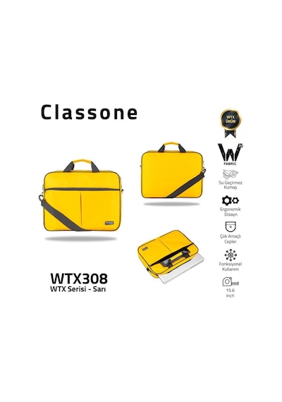 Classone Wtx308 Wtxpro Serisi 15.6 İnch Su Geçirmez Kumaş Apple Uyumlu MacBook , Laptop , Notebook El Çantası- Sarı