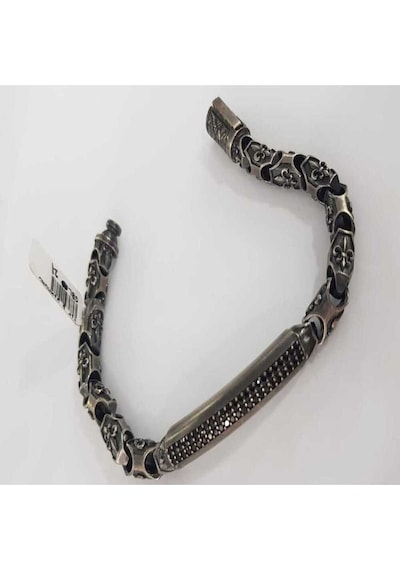 Vog Gotik Tasarım Fleur De Lis Işlemeli Siyah Zirconia Taşlı Okside Erkek 925 Ayar Gümüş Bileklik