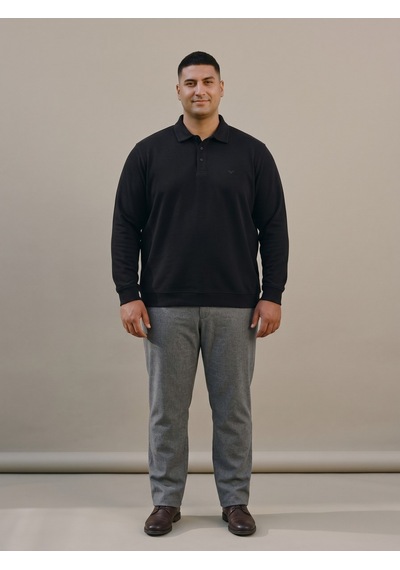 Maccali Erkek Siyah Büyük Beden Polo Yaka Battal Sweatshirt