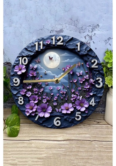 Gece Bahçesi - 3d Görünümlü Sessiz Mdf Duvar Saati 33 Cm Sdw281 Renkli