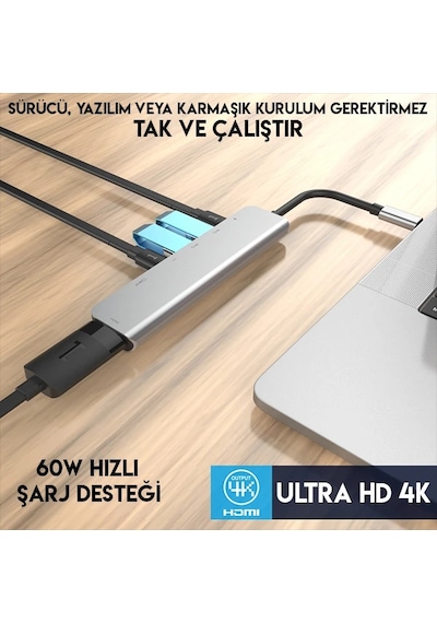Ally Usb Type-c To 7in1 Hdtv 2xusb+pd Sd&tf Okuyucu Hub Adaptör Çoklayıcı- 5775