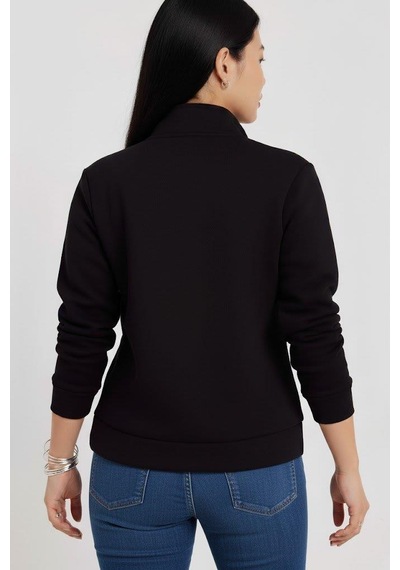Afri Kadın 3 İplik Şardonlu Yarım Fermuarlı Siyah Sweatshirt İçi Pamuklu Kalın Kumaş, Tam Kalıp Rahat Model Siyah