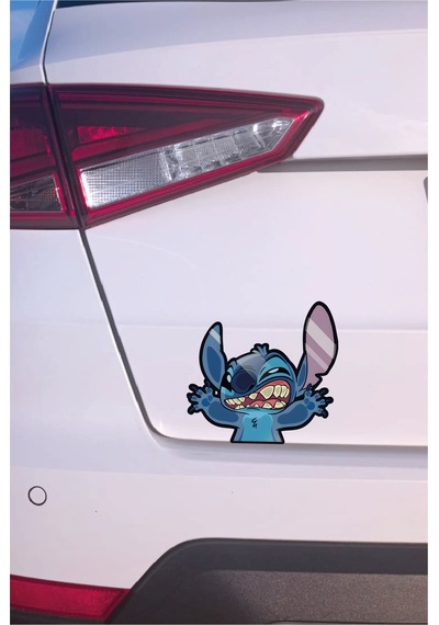 Cama Yapışmış Stitch Sticker 13,5x13 Cm Su Geçirmez Hq Araba Laptop Oto Motor Kask Sticker