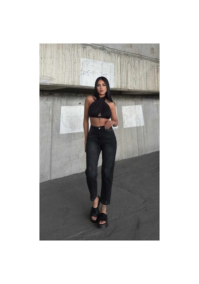 Kene Jeans Yüksek Bel Siyah İşlemli Tam Kalıp Lazer Yırtık Mom Jeans Siyah İşlemli