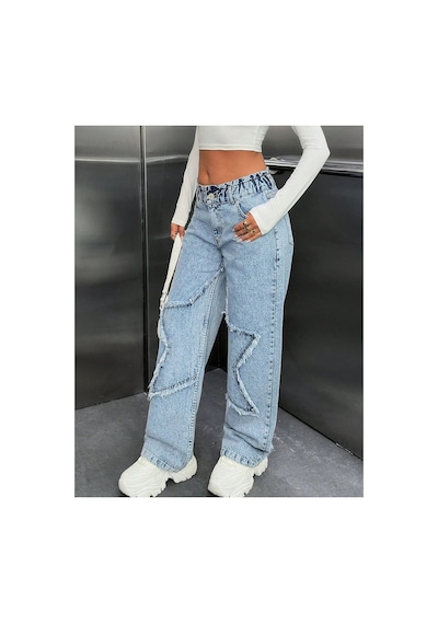Kene Jeans Yüksek Bel Bacak Yıldızlı Bol Paça Jeans Taş