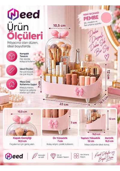 Need Şeffaf Kapaklı Toz Korumalı Fırçalık Bölmeli Makyaj Organizeri Kozmetik Düzenleyici Pembe Nd-8069-pnk