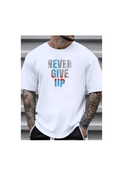 Panda Baskı Tekstil Never Give Up Baskılı Özel Tsarım Oversize Tshirt Beyaz