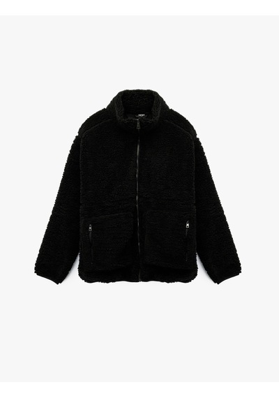 Koton Uzun Kollu Cepli Dik Yaka Fermuarlı Peluş Ceket Siyah 6wam50041mk Siyah