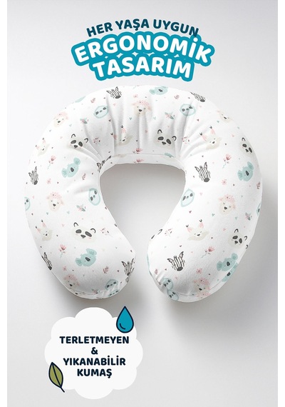 Hayvan Figürlü Pamuklu Boyun Yastığı - Sevimli Karakterler Mint Beyaz Seyahat Yastığı Çok Renkli