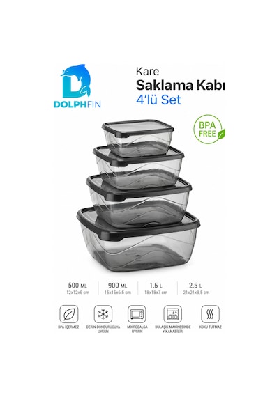 4 Lü Kare Saklama Kabı Seti Kapaklı 500 Ml 900 Ml 1,5 L 2,5 L Bpa İçermez Siyah