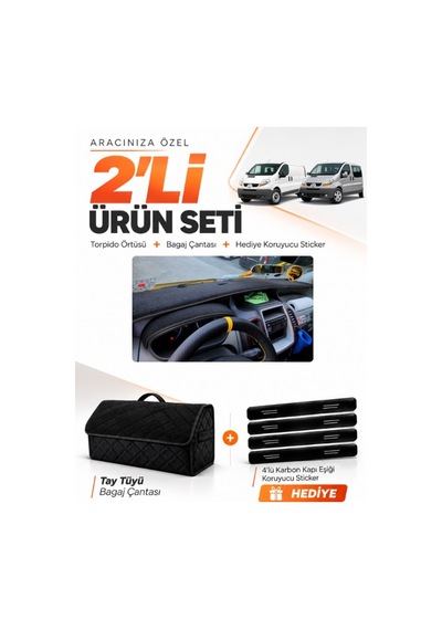 Renault Trafıc 2001-2014 Uyumlu Torpido Örtüsü + Tay Tüyü Bagaj Çantası + Sticker Seti - Siyah