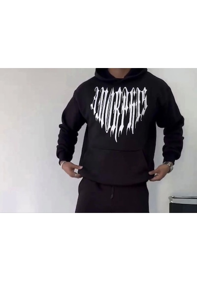 Uzun Kol Kapşonlu Baskılı Sweatshirt - Siyah Siyah