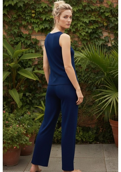 Siyah İnci Pointel Ajurlu/delikli Kolsuz Örme Pijama Takım26120566 Lacivert
